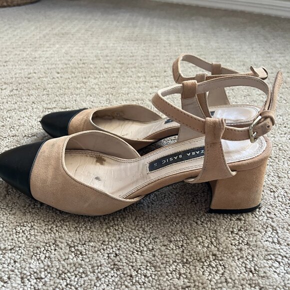Zara Leather Slingback Block Heel Pump Strappy Beige Black Designer Size 6.5